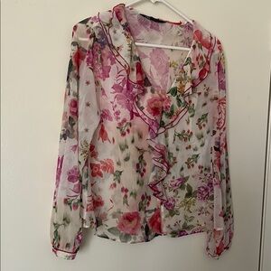 Zara Floral Ruffle pink and white blouse